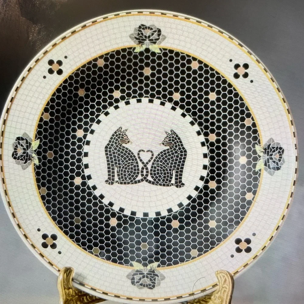 ❤️ ANTHROPOLOGIE THE BISTRO TILE STONEWARE CAT HALLOWEEN DESSERT PLATE NEW